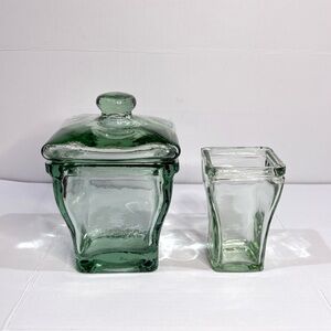 Green Glass Apothecary Jar w/ Lid Cotton Ball & Q-tip Holders Bathroom 5-7"